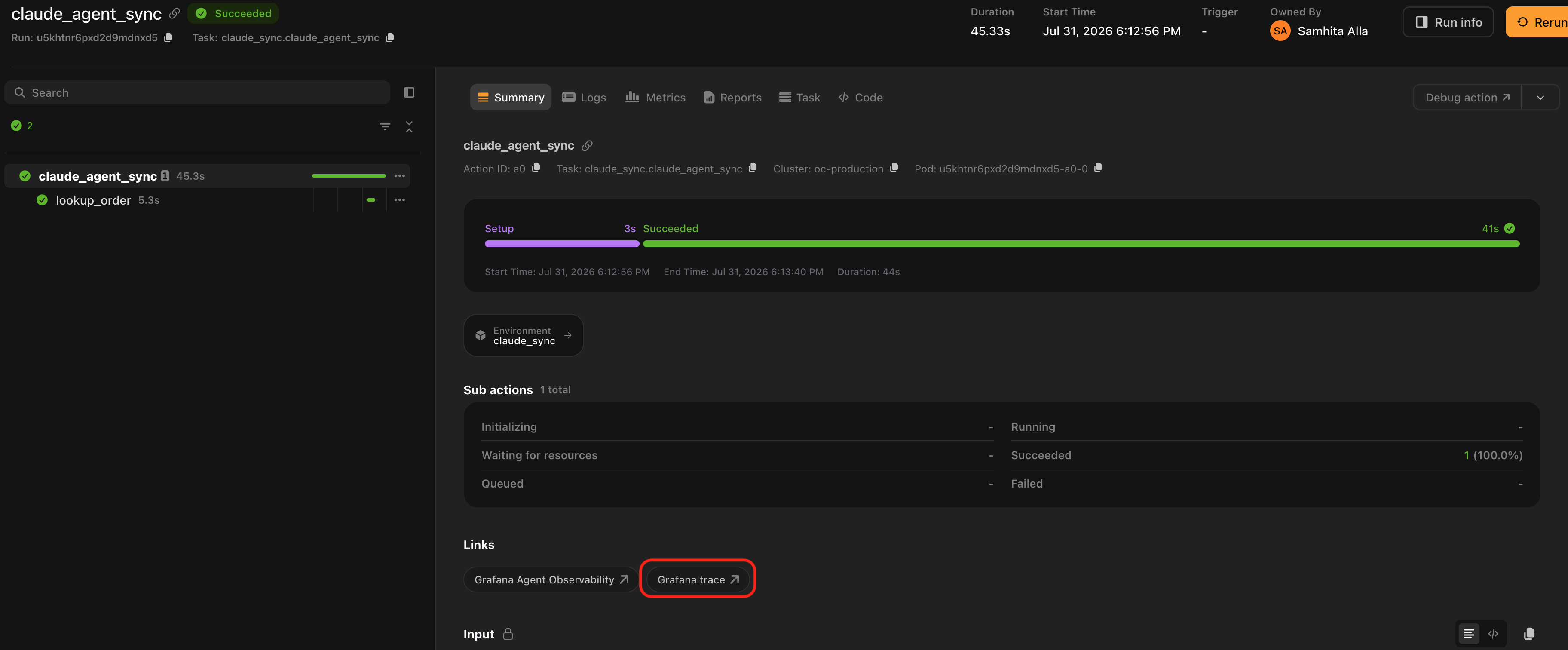 Flyte UI action summary with the Grafana trace link highlighted in its Links section