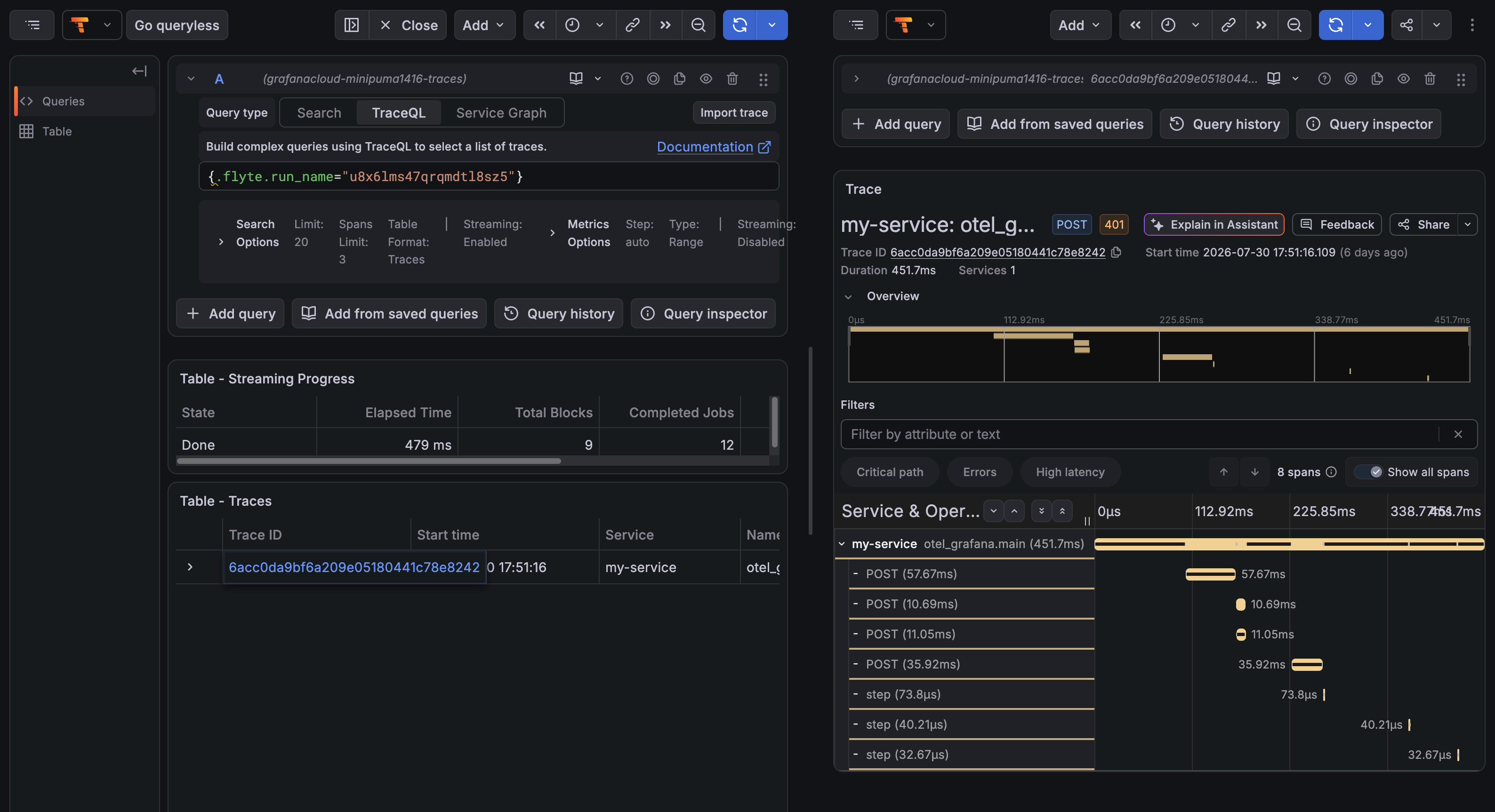 Grafana Explore opened on the run’s trace, with the TraceQL query already filled in