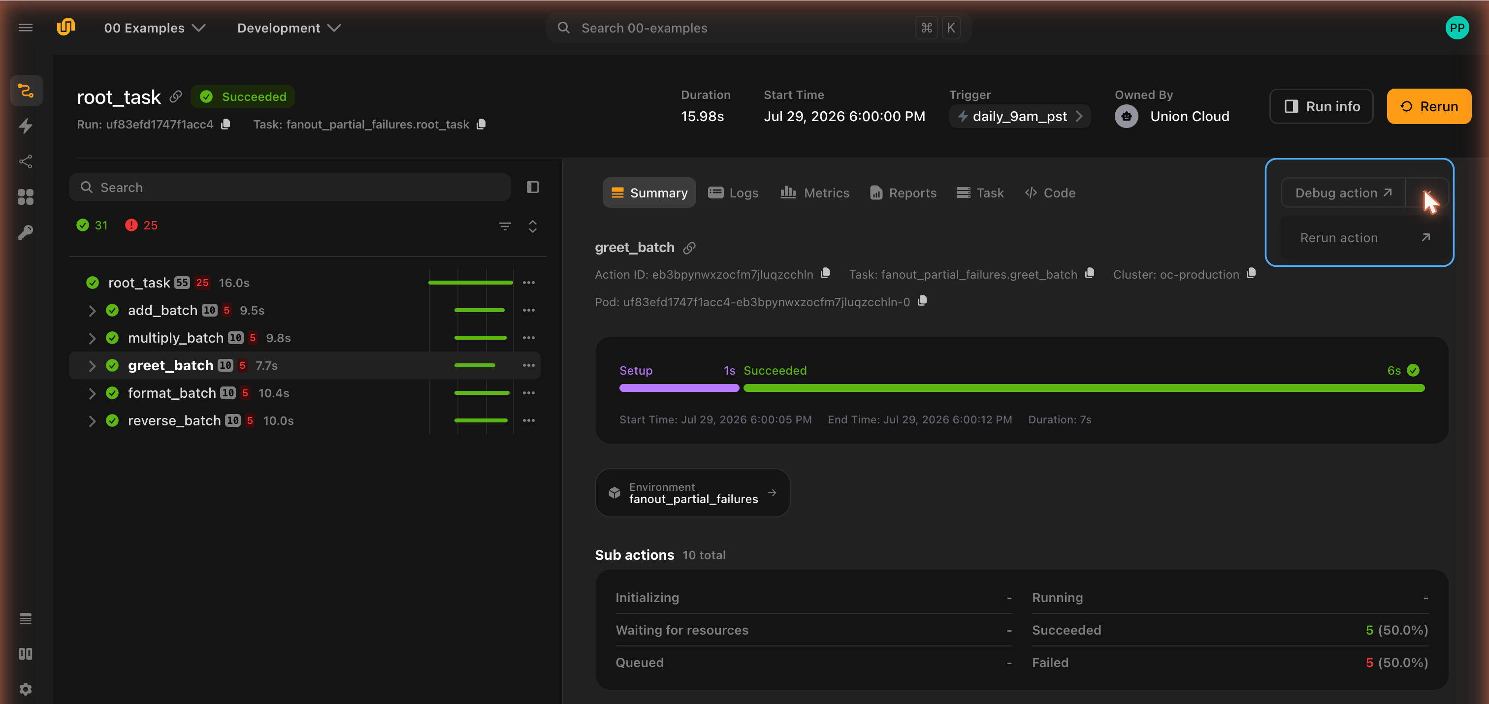 The action menu with the Rerun action option