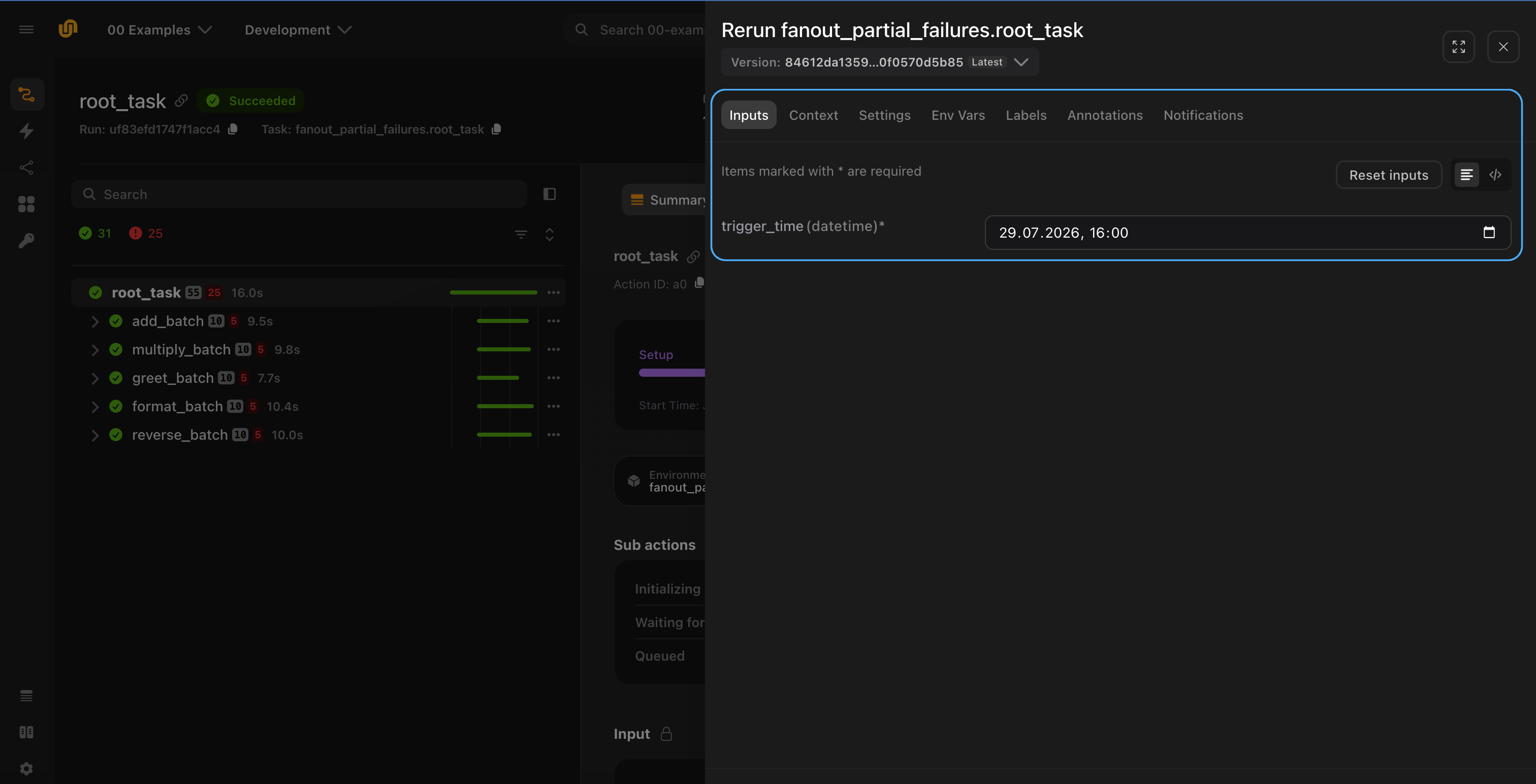 The launch form, pre-filled with the run’s recorded inputs