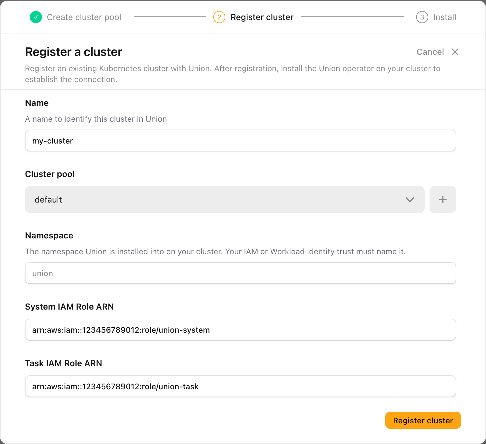 The Register a cluster dialog with a cluster name, the default pool, the namespace left at its default, and the system and task IAM role ARNs filled in