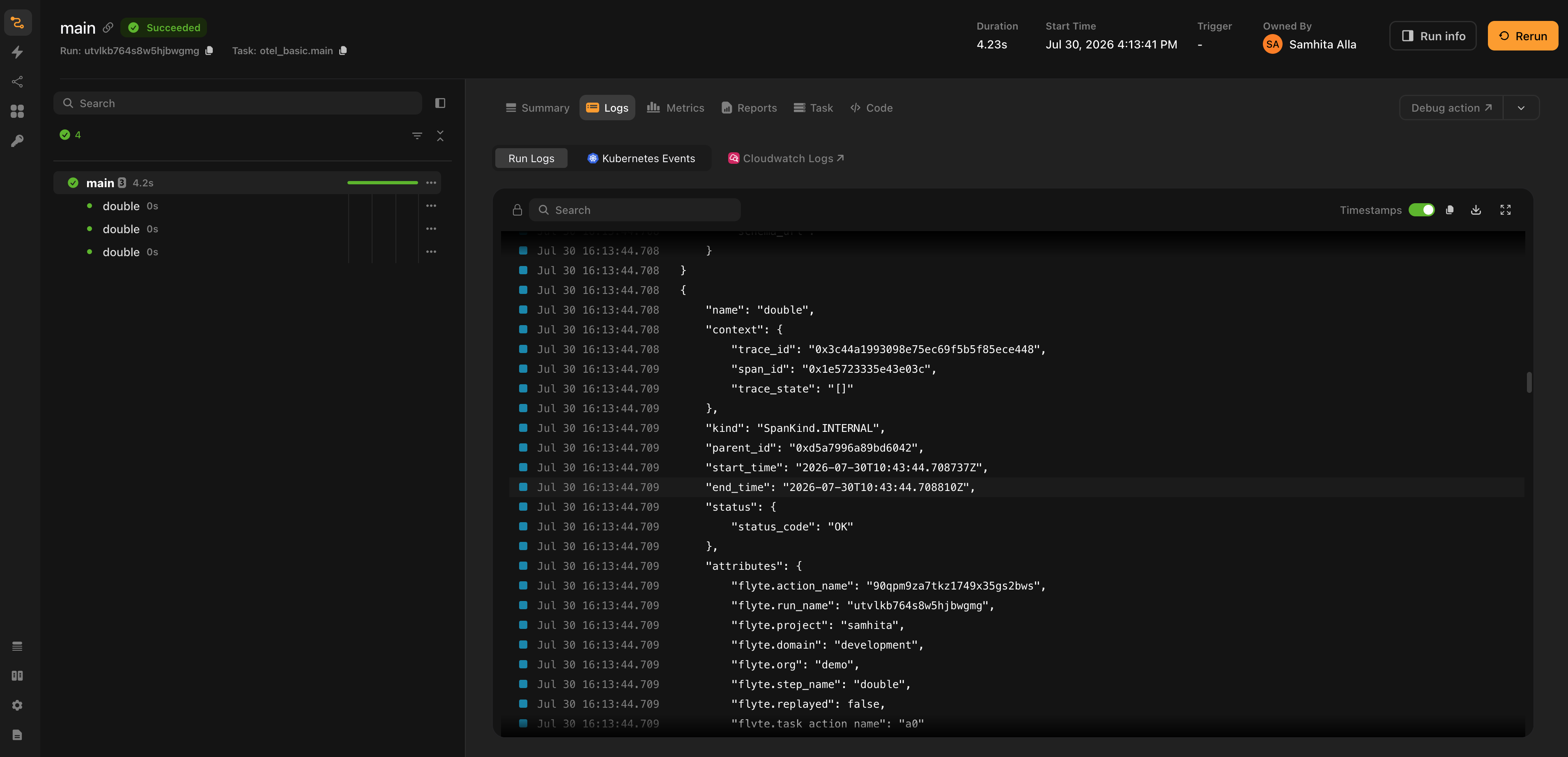 Flyte UI showing the run’s action tree beside the console-exported JSON for one span