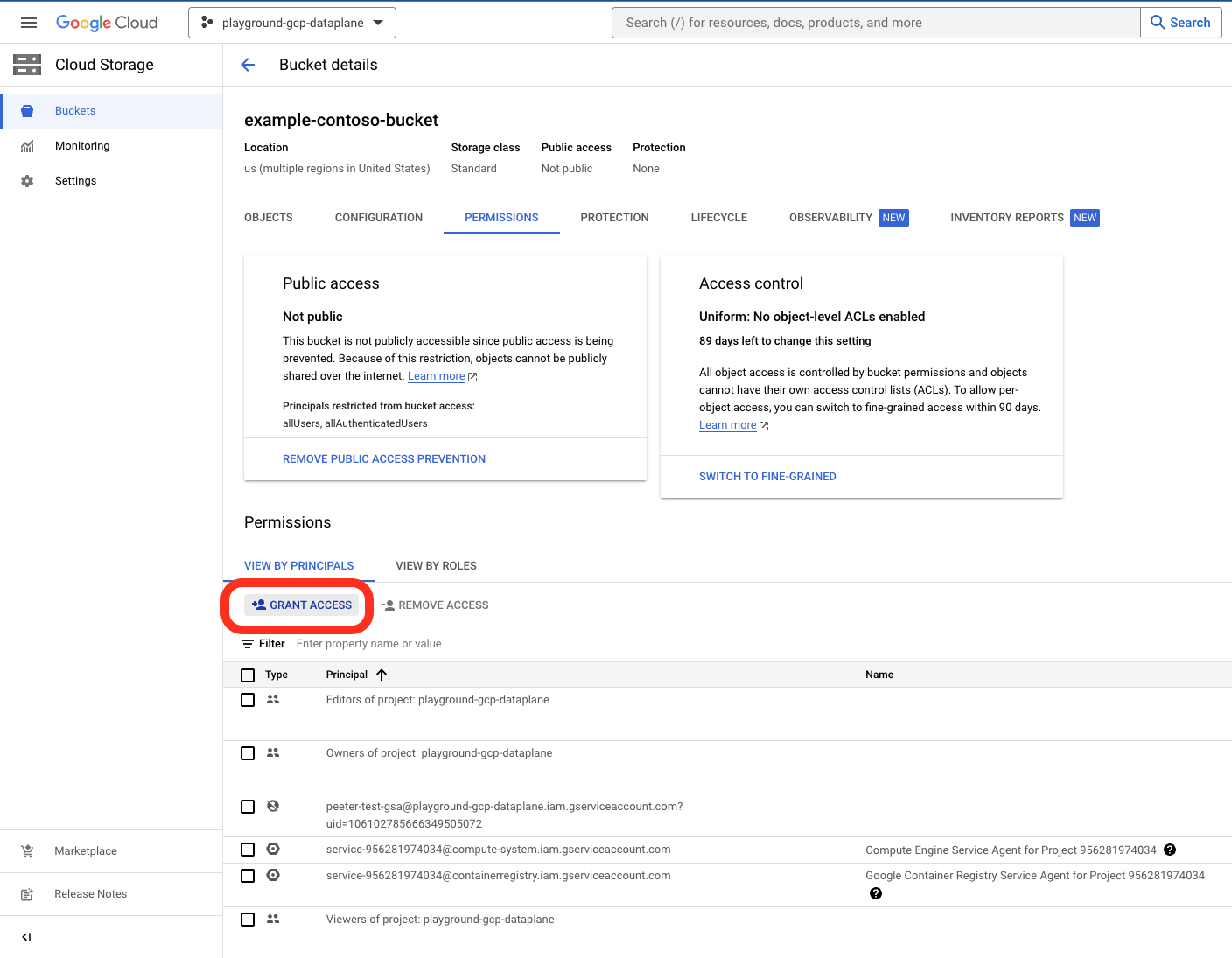GCS Bucket details Permissions tab with the Grant access button