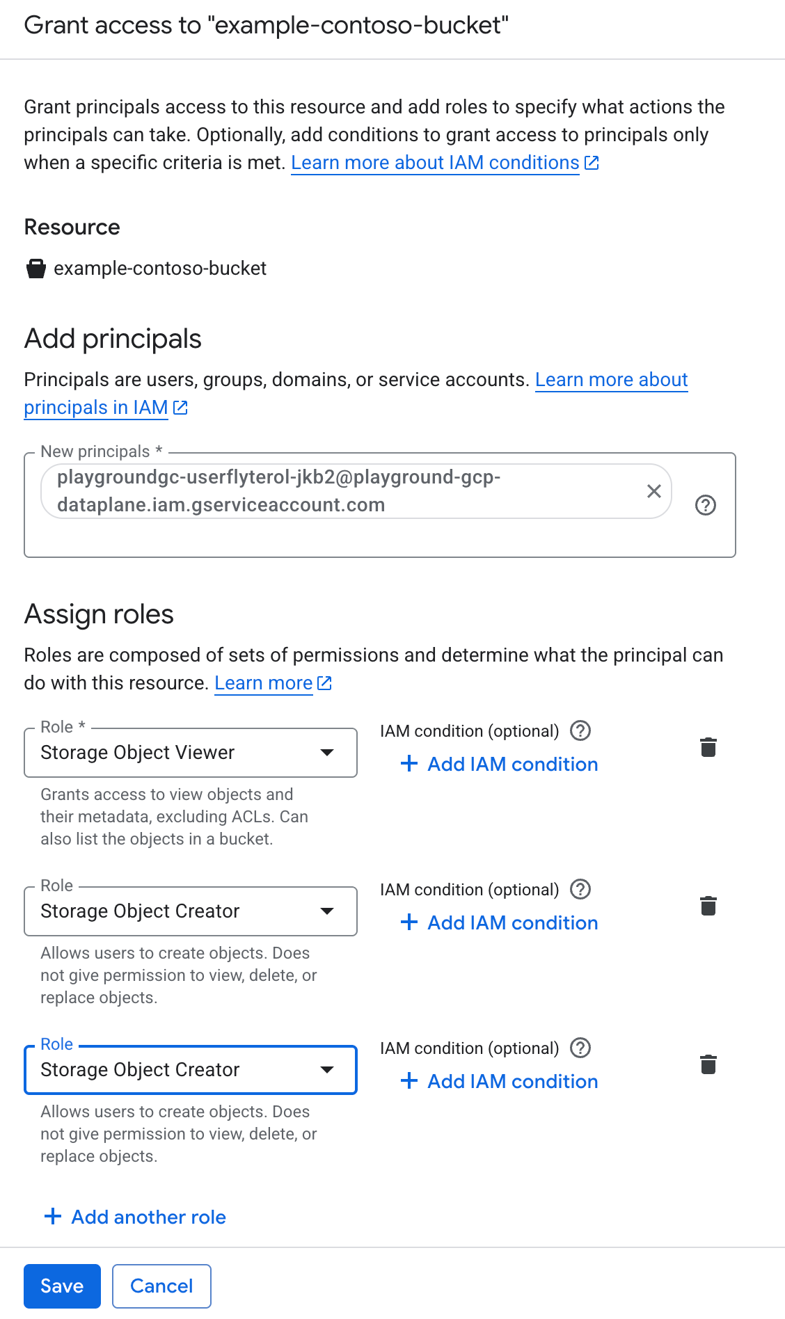 GCS Grant access panel assigning the Storage Object Viewer and Storage Object Creator roles to the UserFlyteGSA principal