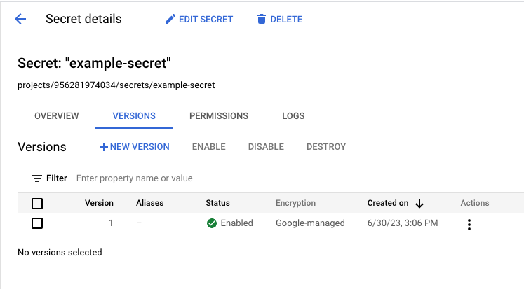 Google Secret Manager Secret details page for the example-secret secret
