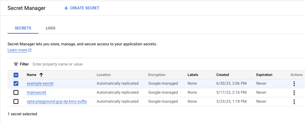 Google Secret Manager secrets list showing a secret named example-secret