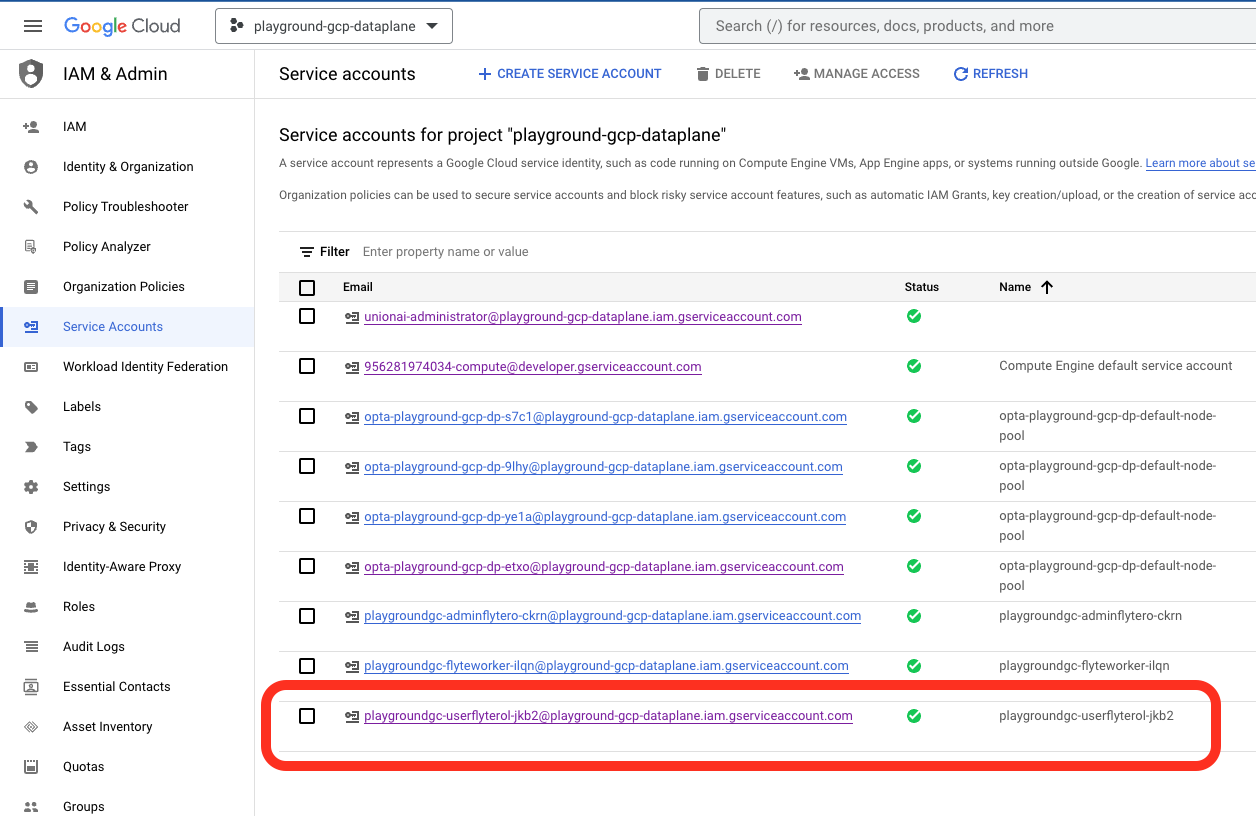 GCP IAM & Admin Service accounts list, used to find the UserFlyteGSA service account name and email