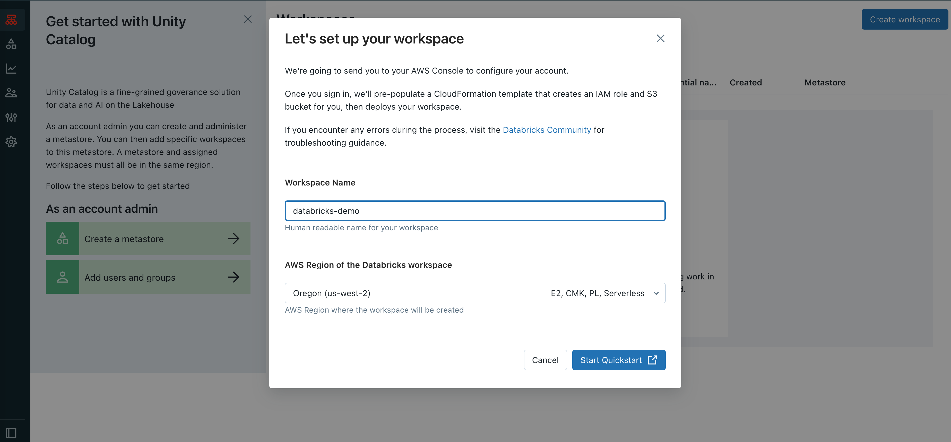A screenshot of Databricks workspace creation.
