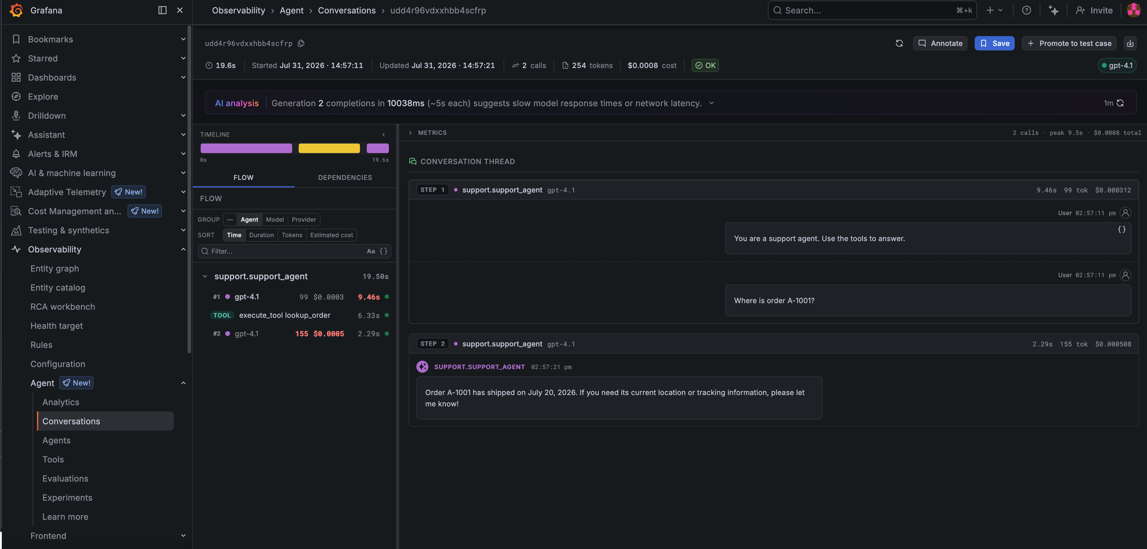 Agent Observability conversation view showing the agent’s two model calls, its tool call, and the prompt and answer