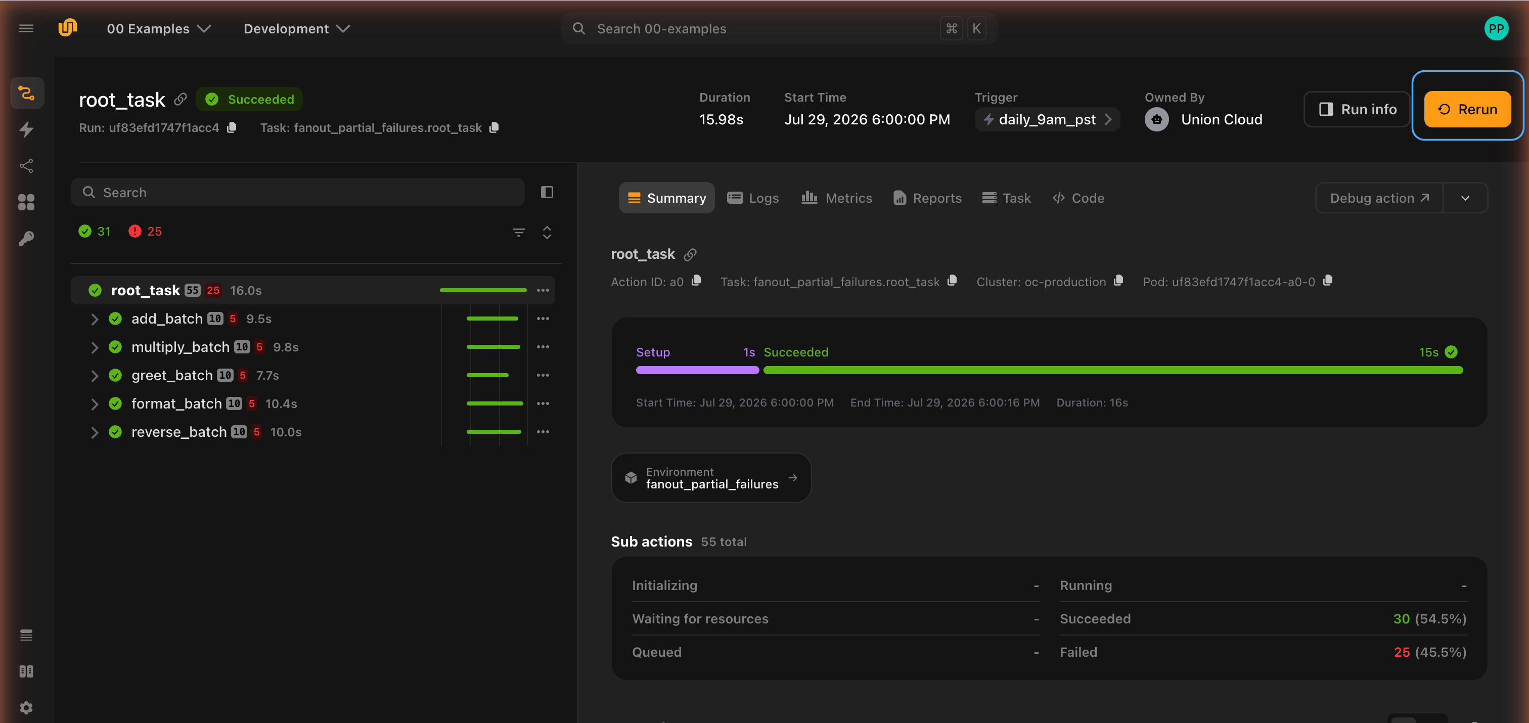 The Rerun button in the top-right of the run view