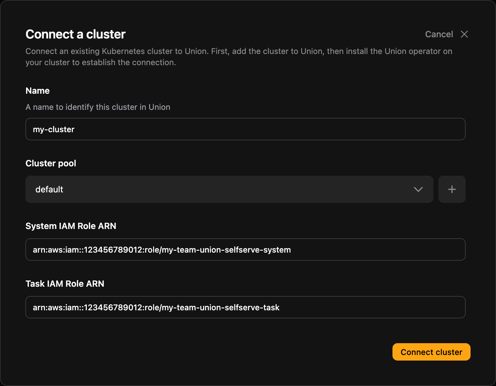 The Connect a cluster dialog with a cluster name, the default pool, and the system and task IAM role ARNs filled in