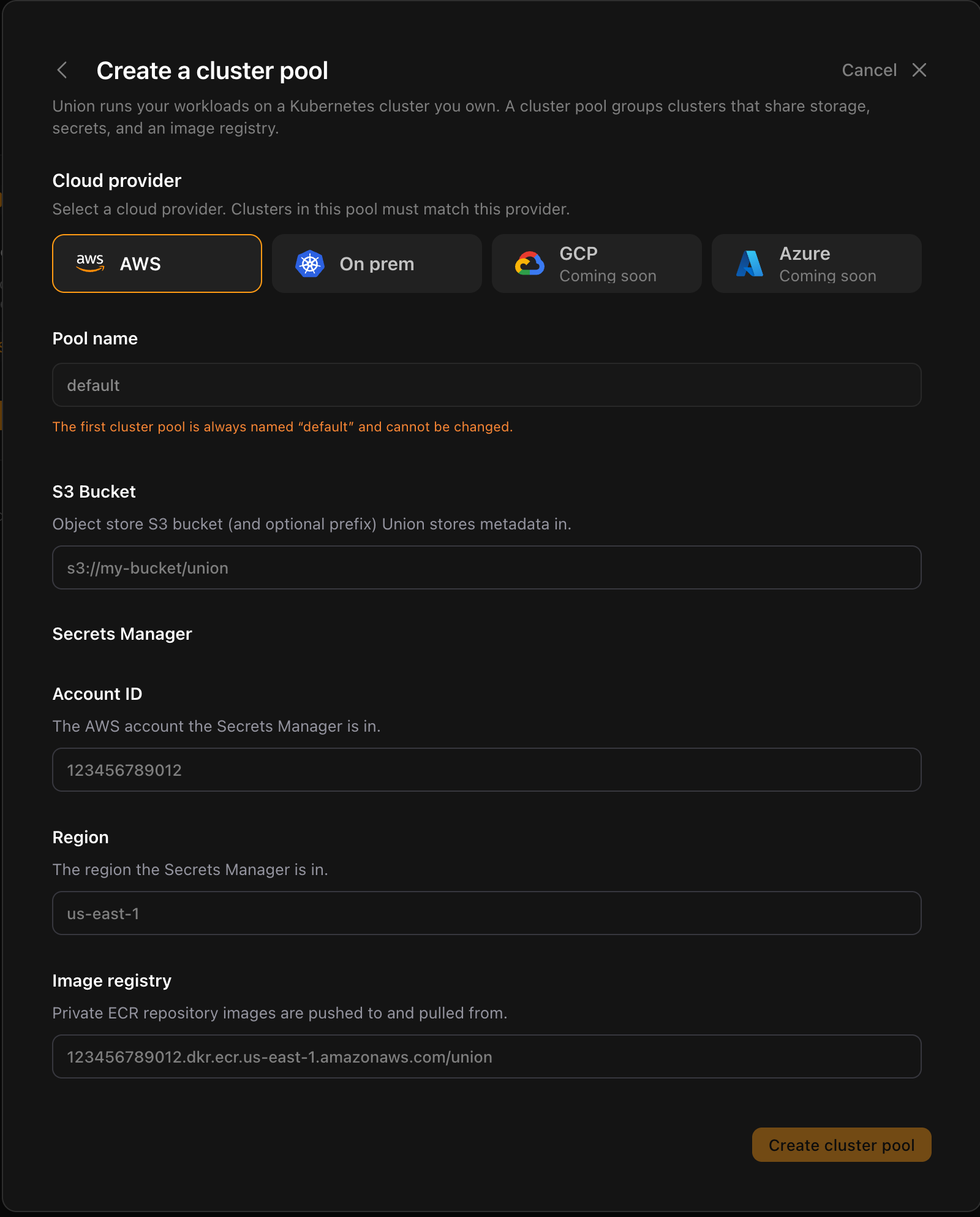 The Create a cluster pool form on the AWS tab, with S3 bucket, Secrets Manager account ID and region, and image registry fields