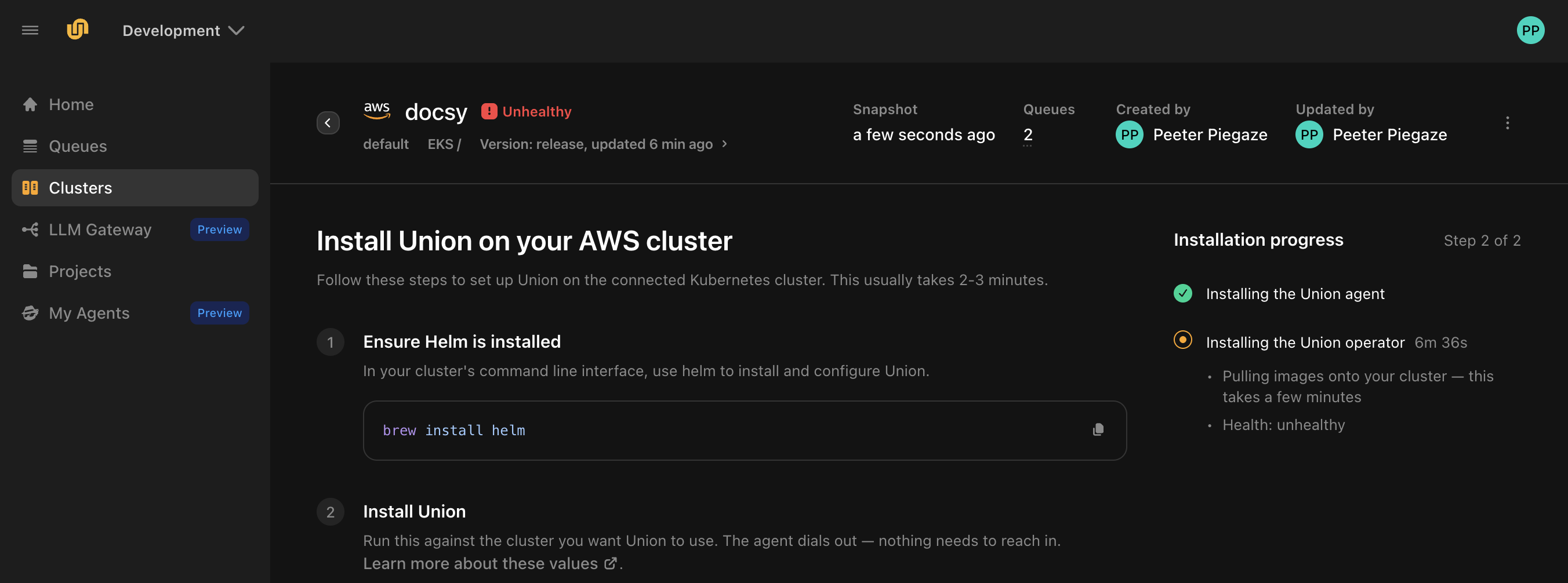 The Install Union on your AWS cluster page, with the Ensure Helm is installed and Install Union steps, and the Installation progress panel showing the agent installed and the Union operator installing