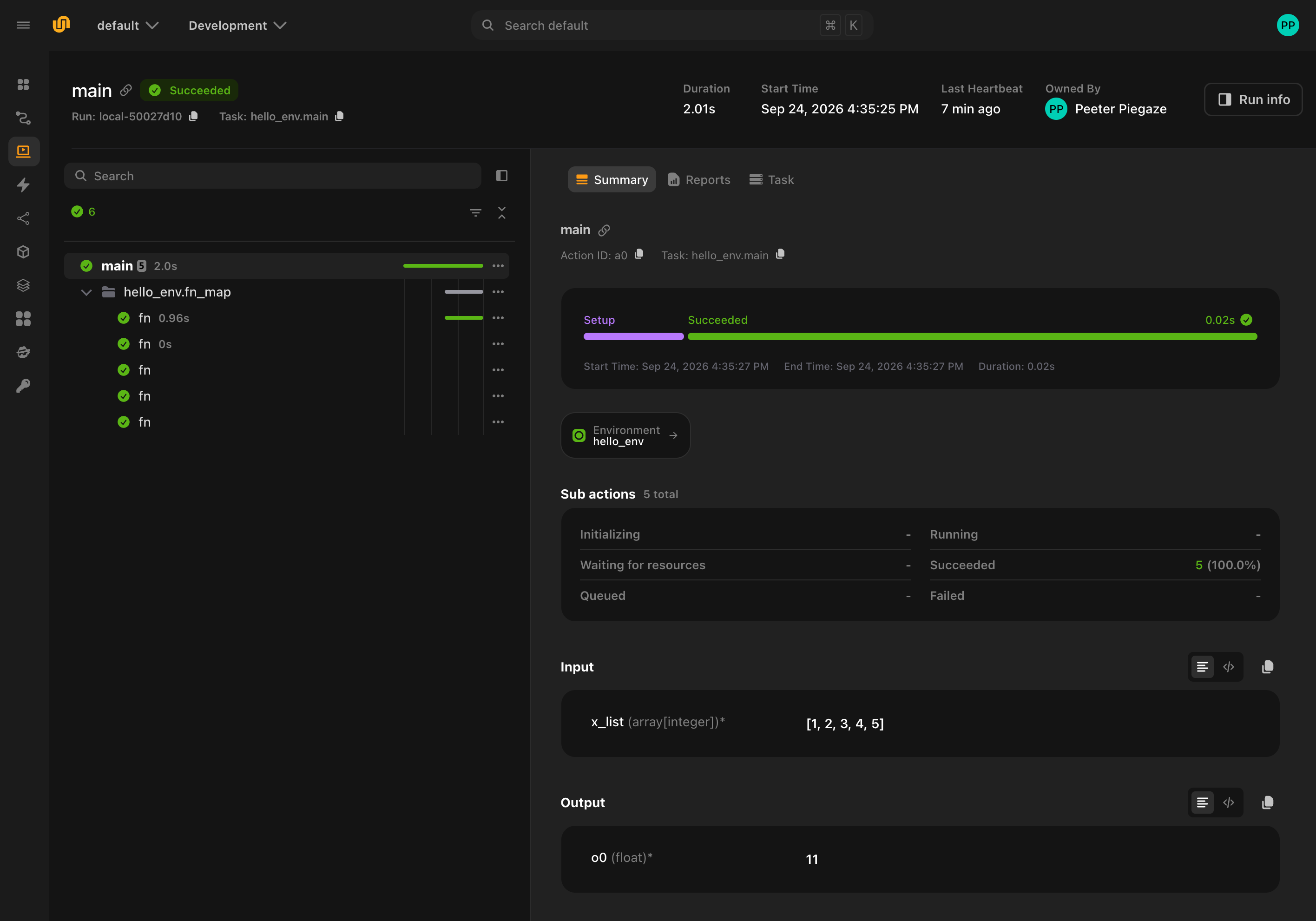 The run page for main, showing the main action with its five fn child actions, the hello_env environment, and the run’s input and output