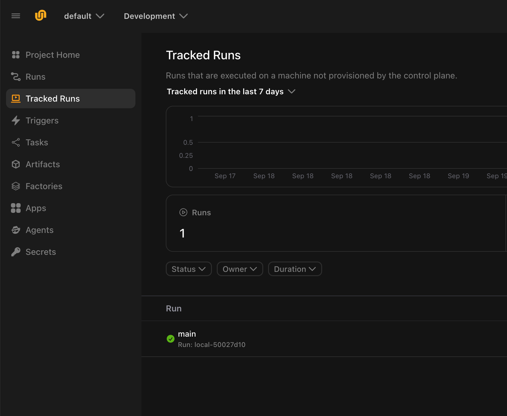 The Tracked Runs page of the default project, listing the main run as succeeded