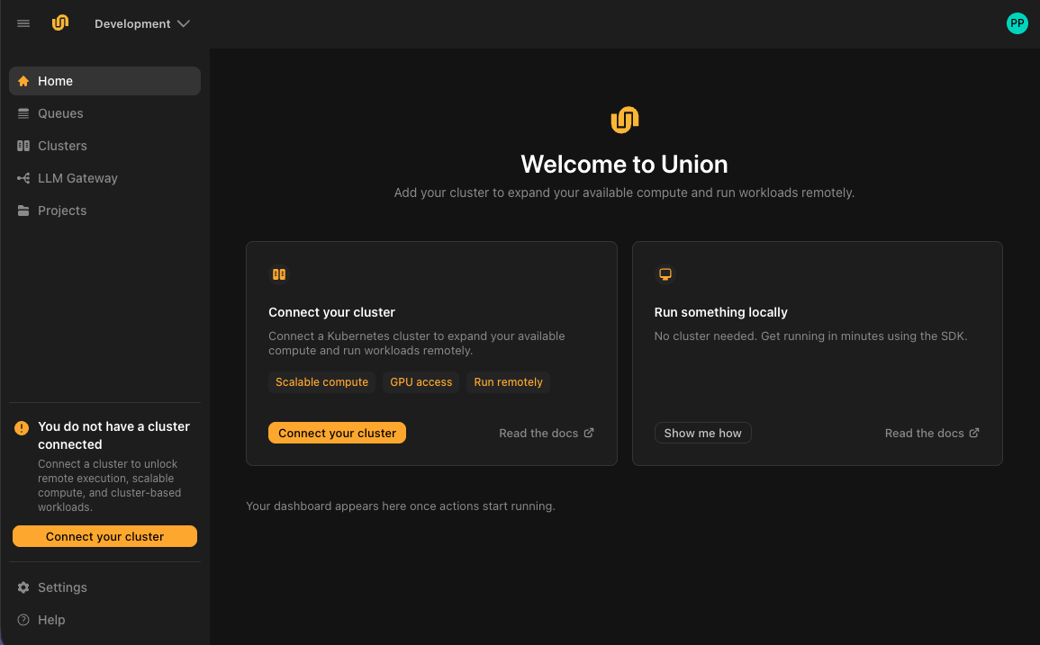 The Union.ai home page, offering Connect your cluster and Run something locally