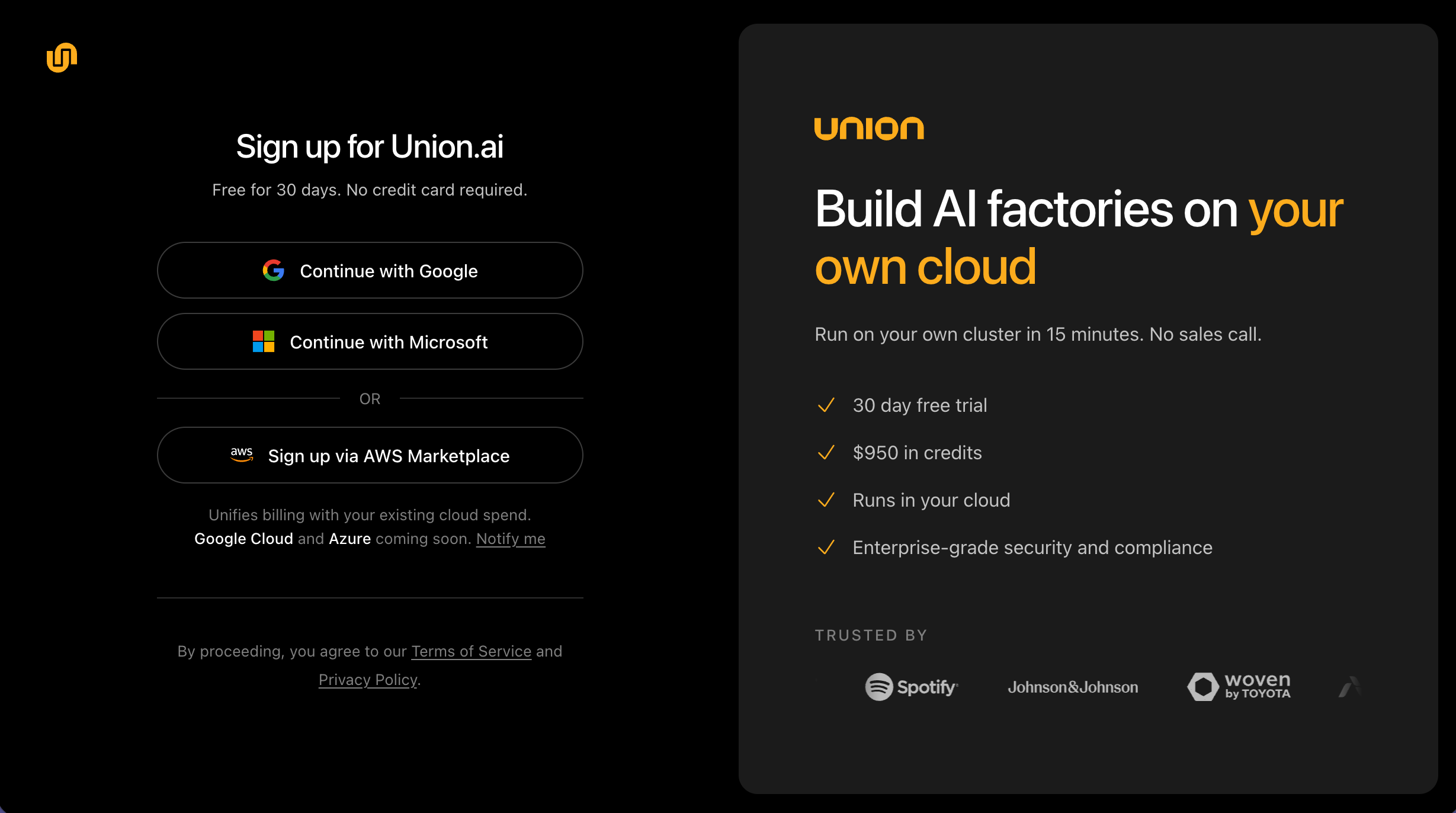 The Sign up for Union.ai page, offering Continue with Google, Continue with Microsoft, and Sign up via AWS Marketplace