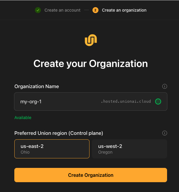 The organization form with a name typed and shown as available, and the us-east-2 region selected