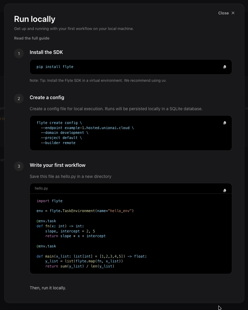 The Run locally guide in the Union.ai UI, with steps to install the SDK, create a config, and write a first workflow