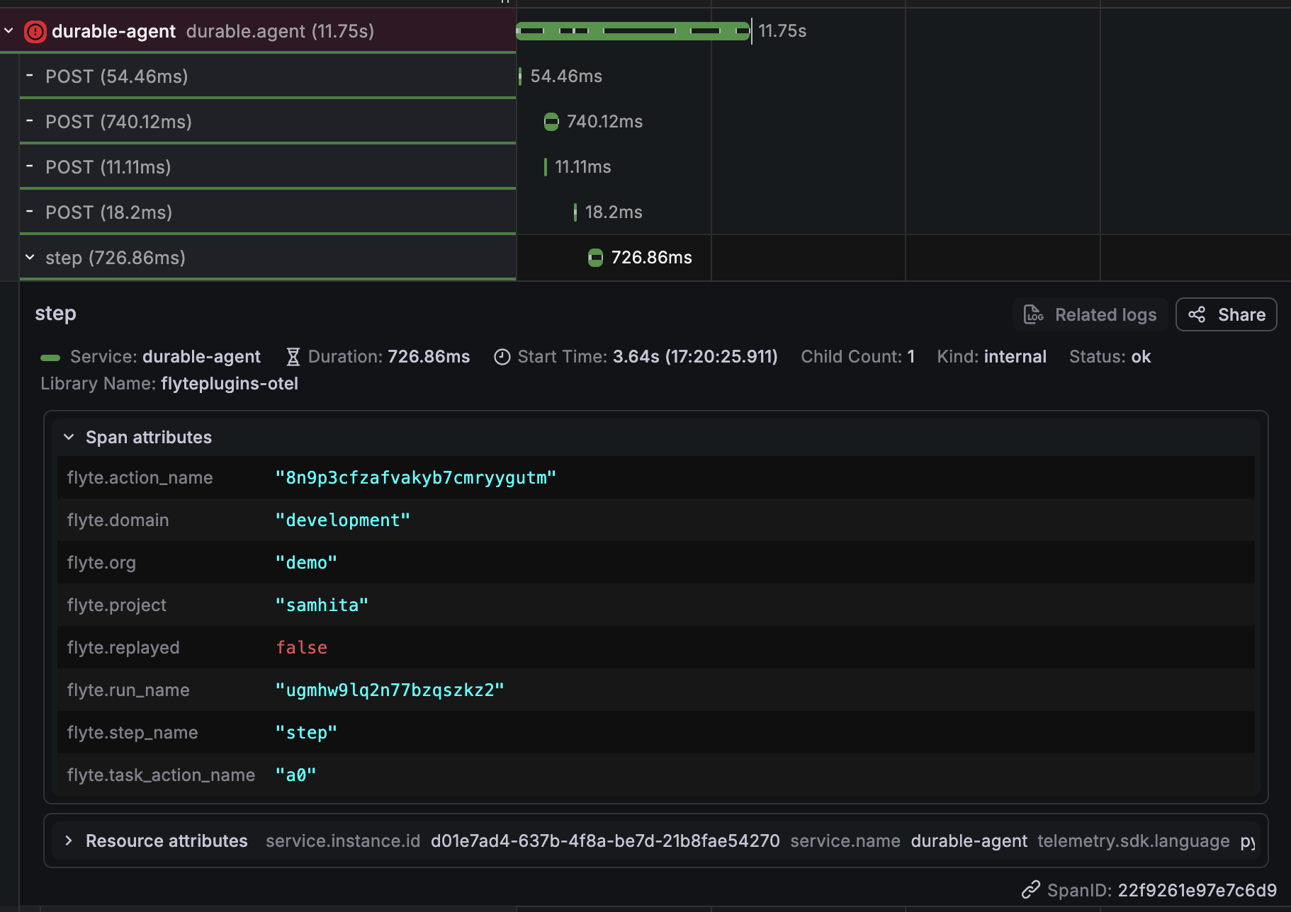 Expanded generation span listing gen_ai attributes bound to Flyte’s run, task, and version