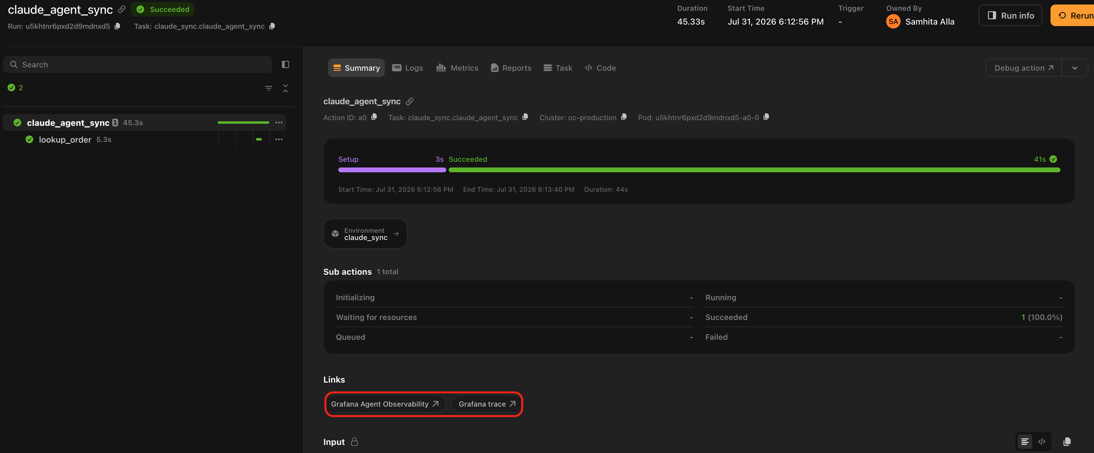 Flyte UI action summary with both Grafana links highlighted in its Links section